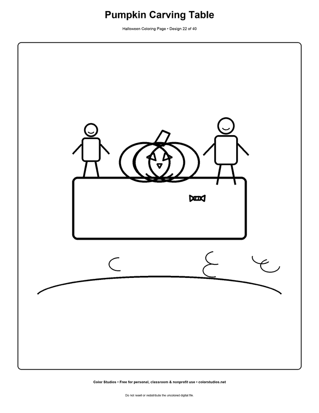 Family decorating a jack-o'-lantern pumpkin coloring page.