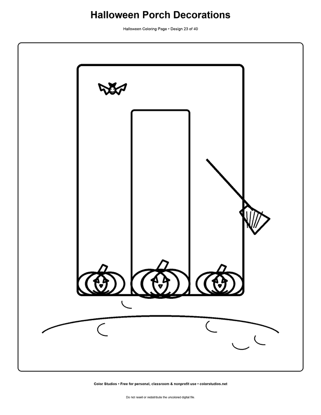 Halloween porch with pumpkins, bats, and lantern coloring page.