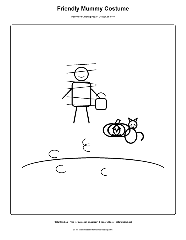 Child in a friendly mummy costume with a dog coloring page.