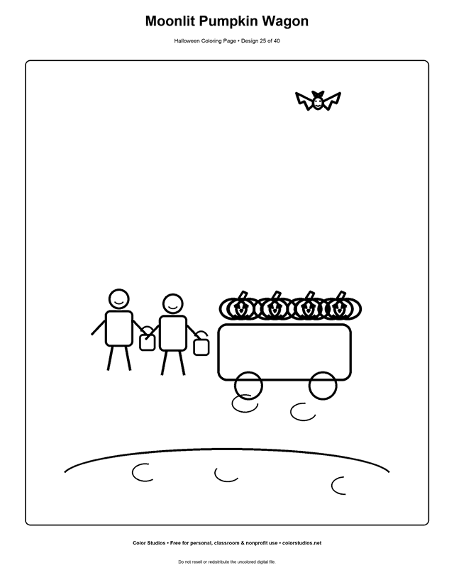 Children pulling a wagon of jack-o'-lanterns coloring page.