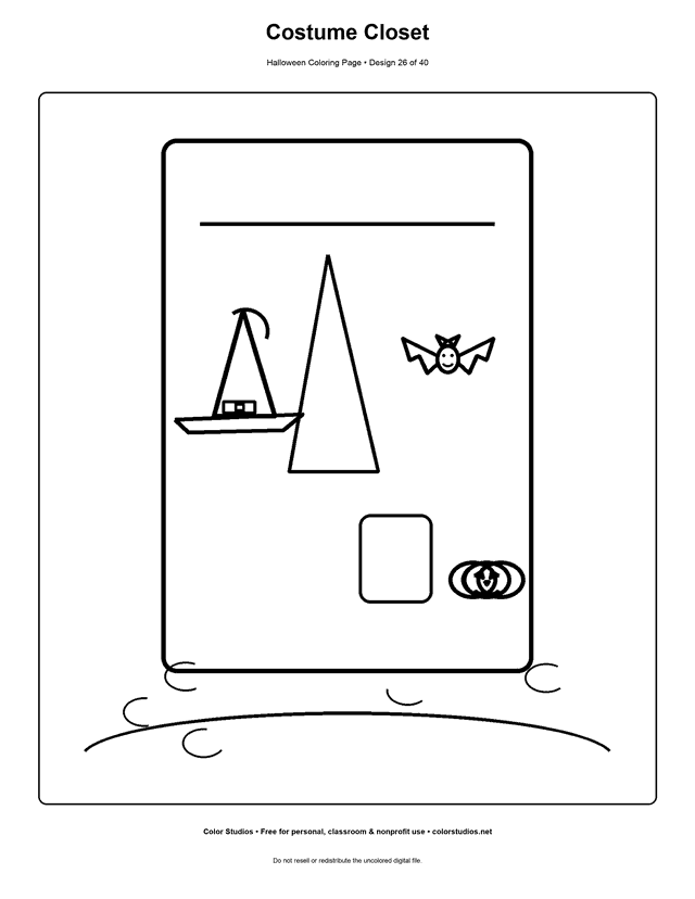 Halloween costume closet with hats, cape, wings, and bucket coloring page.