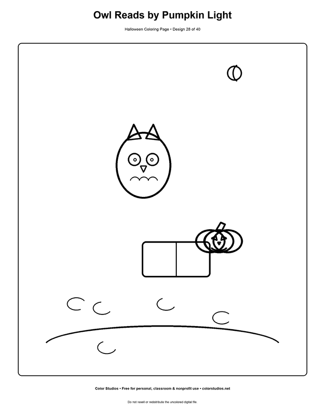 Owl reading beside a pumpkin lantern coloring page.