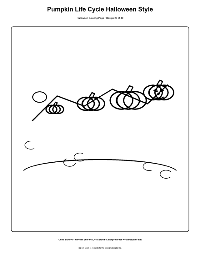 Pumpkin vine and jack-o'-lantern stages coloring page.