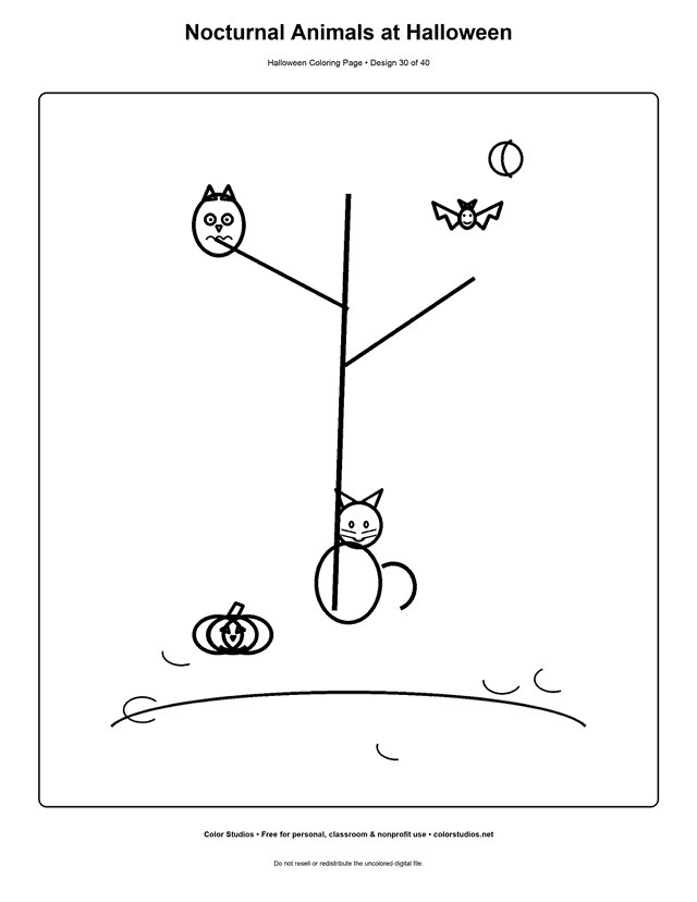 Nocturnal bat, owl, and cat with pumpkins coloring page.