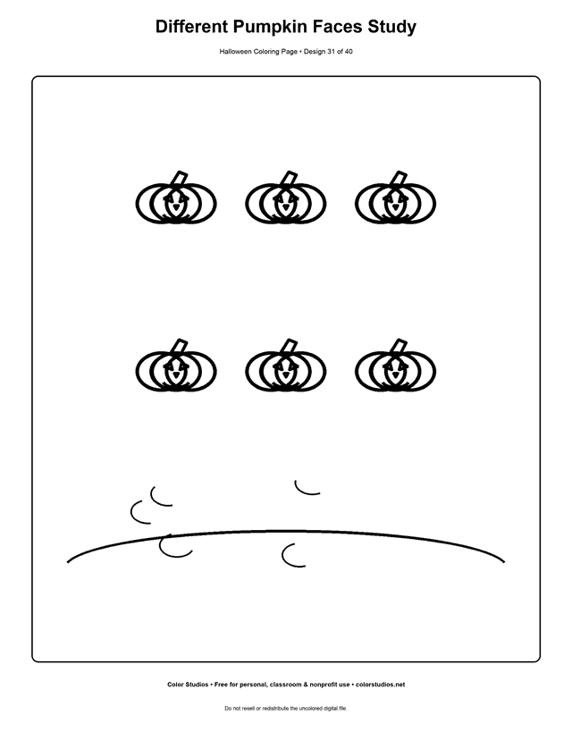 Six friendly jack-o'-lantern faces coloring page.