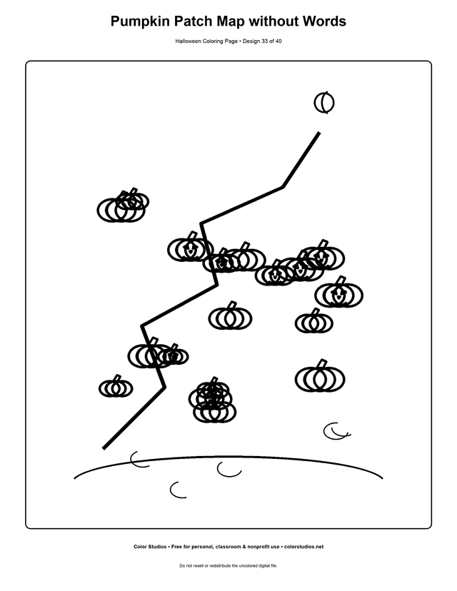 Winding Halloween pumpkin patch path coloring page.