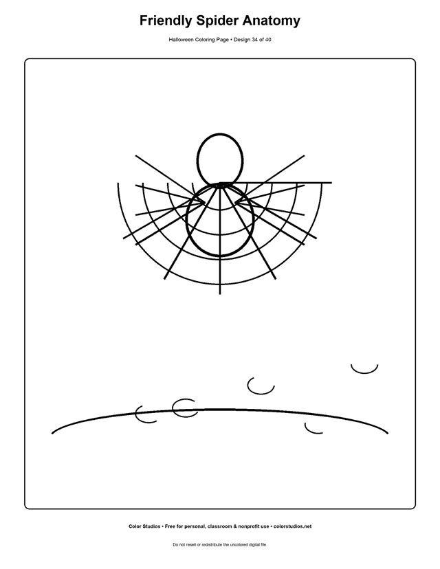 Friendly spider on a clean web Halloween coloring page.
