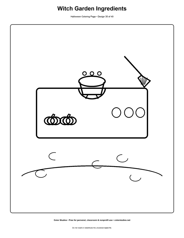 Witch garden table with pumpkins, herbs, and cauldron coloring page.