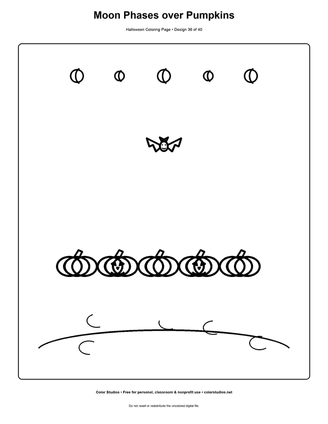 Moon shapes over a Halloween pumpkin field coloring page.