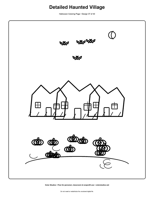 Detailed friendly haunted village Halloween coloring page.