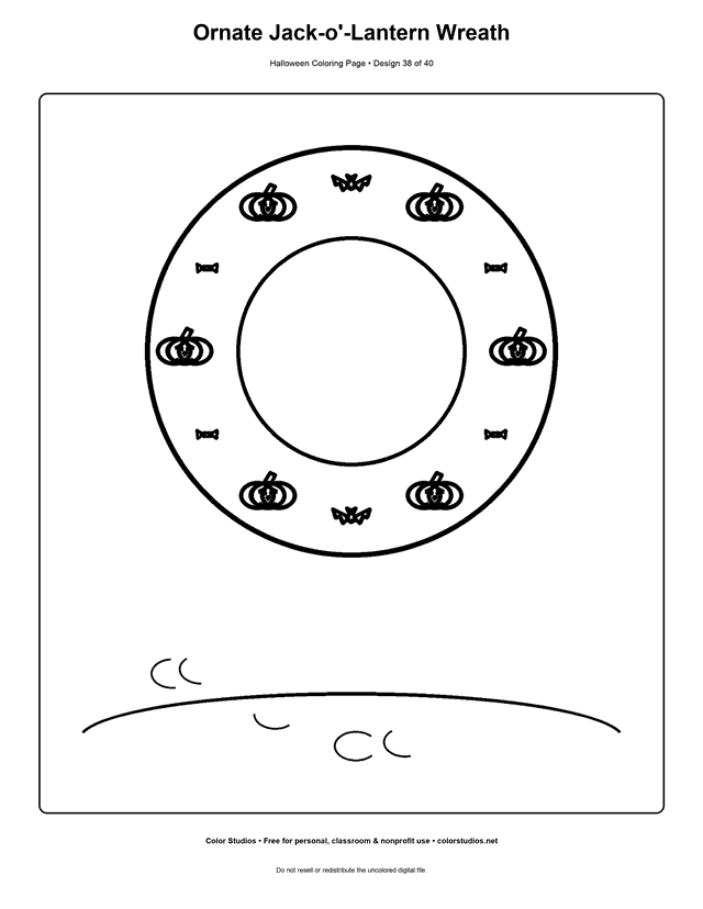 Detailed jack-o'-lantern wreath Halloween coloring page.