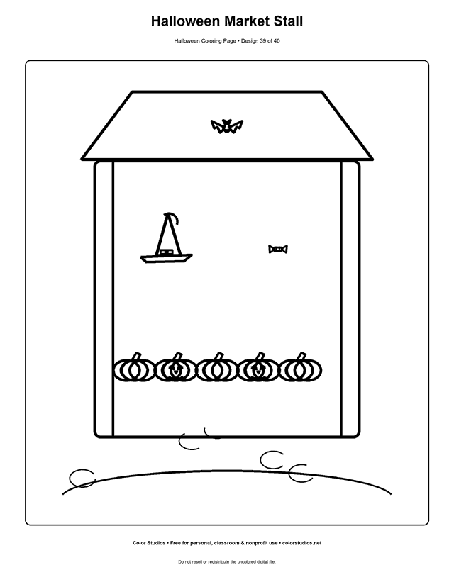 Detailed Halloween market stall with pumpkins and costumes coloring page.