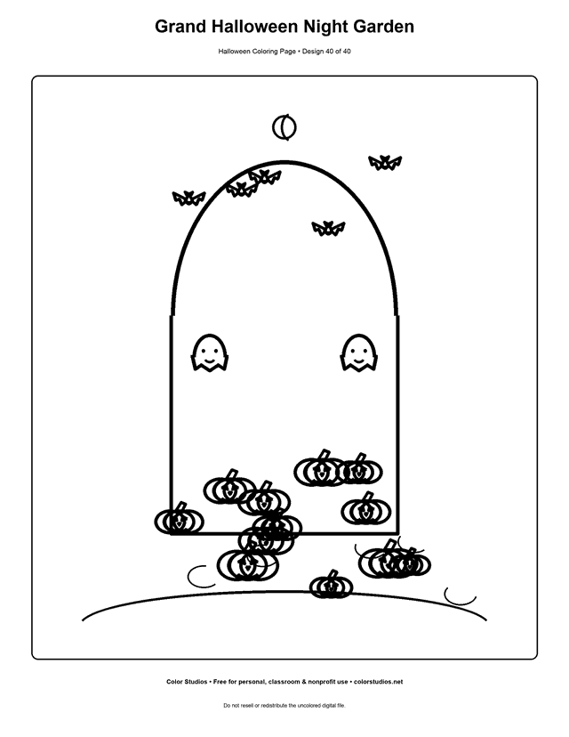 Detailed Halloween night garden with pumpkins and ghost lanterns coloring page.