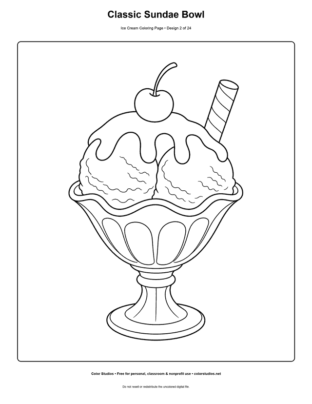 Classic Sundae Bowl free printable ice cream coloring page.