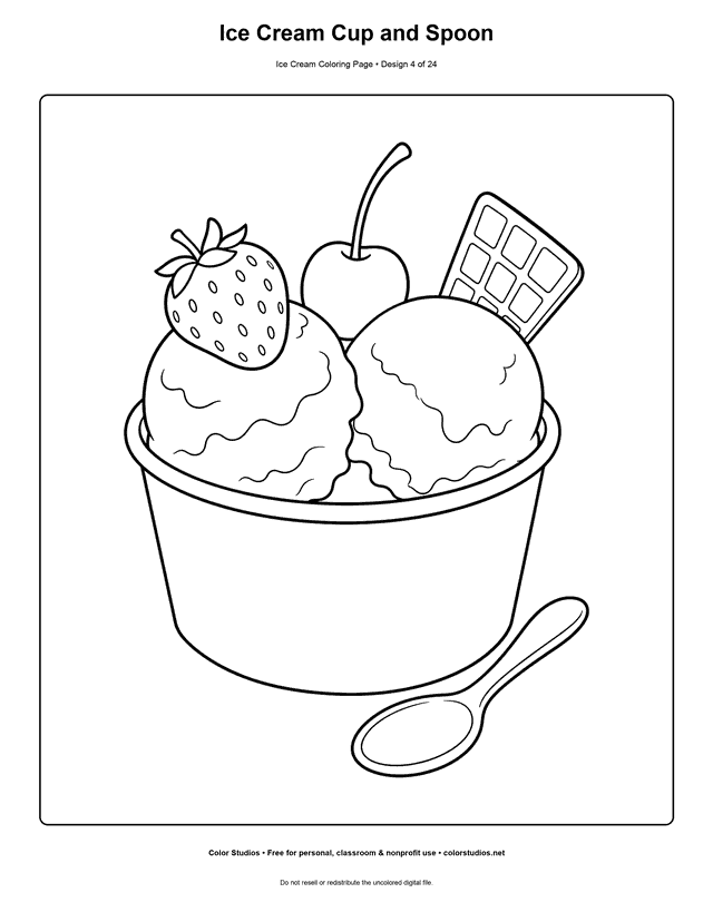 Ice Cream Cup and Spoon free printable ice cream coloring page.