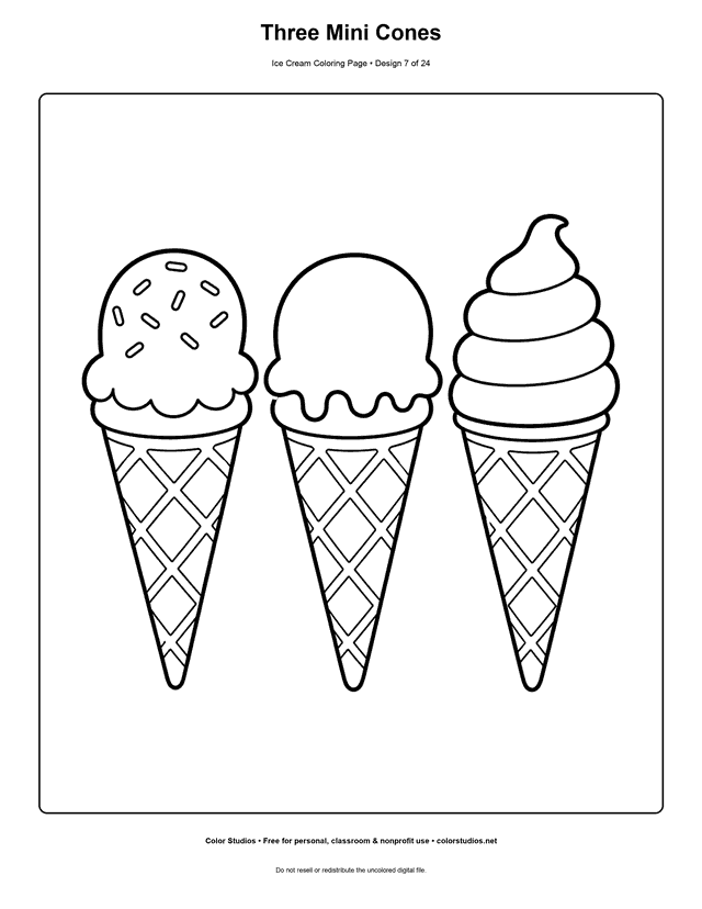 Three Mini Cones free printable ice cream coloring page.