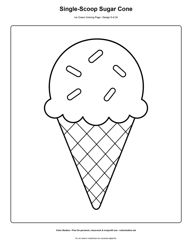 Single-Scoop Sugar Cone free printable ice cream coloring page.