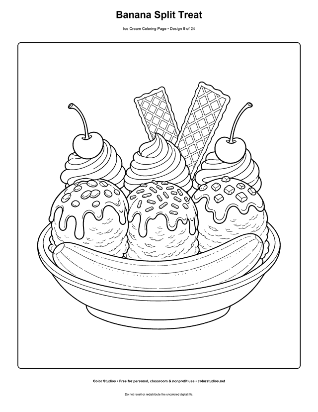 Banana Split Treat free printable ice cream coloring page.