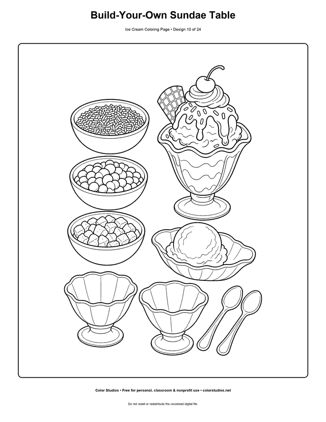 Build-Your-Own Sundae Table free printable ice cream coloring page.