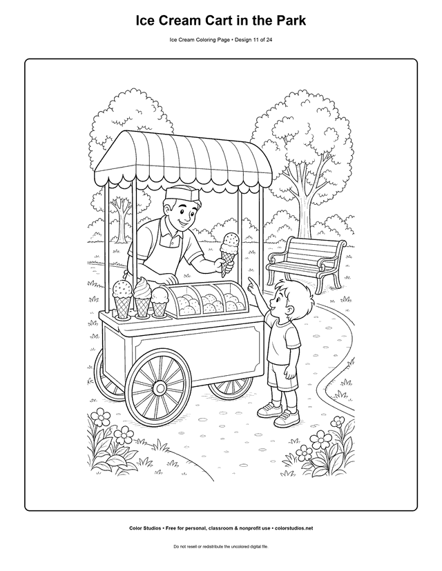 Ice Cream Cart in the Park free printable ice cream coloring page.