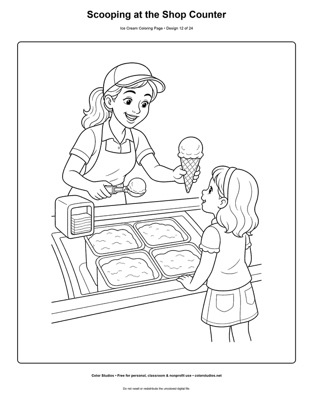 Scooping at the Shop Counter free printable ice cream coloring page.