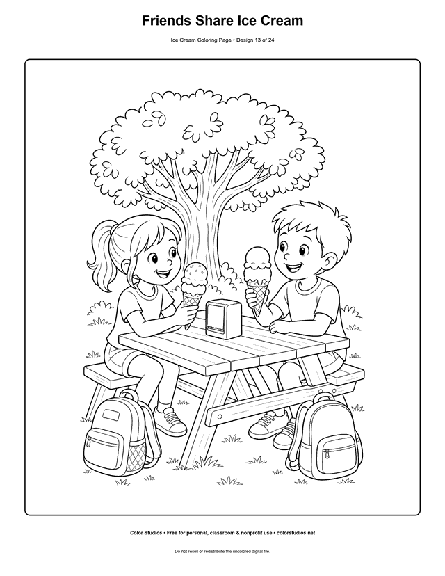 Friends Share Ice Cream free printable ice cream coloring page.