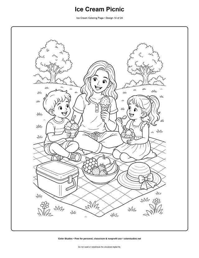 Ice Cream Picnic free printable ice cream coloring page.