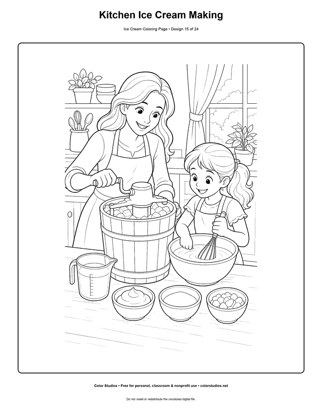 Kitchen Ice Cream Making free printable ice cream coloring page.