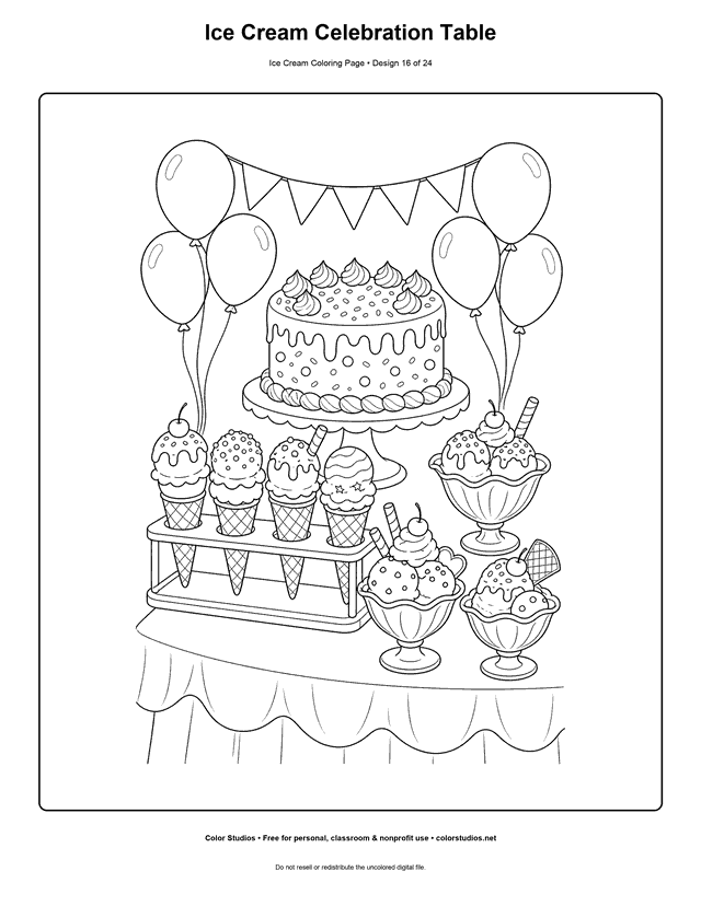 Ice Cream Celebration Table free printable ice cream coloring page.