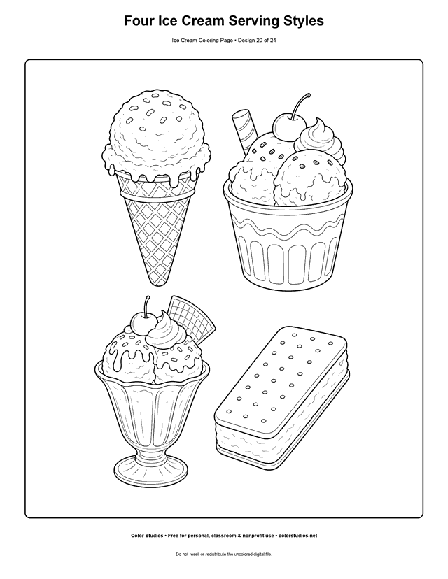 Four Ice Cream Serving Styles free printable ice cream coloring page.