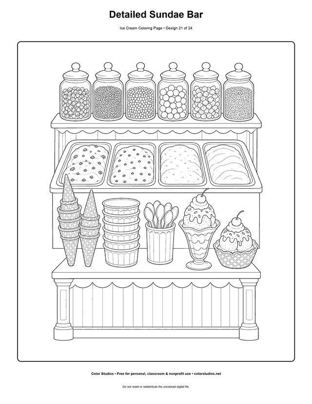 Detailed Sundae Bar free printable ice cream coloring page.