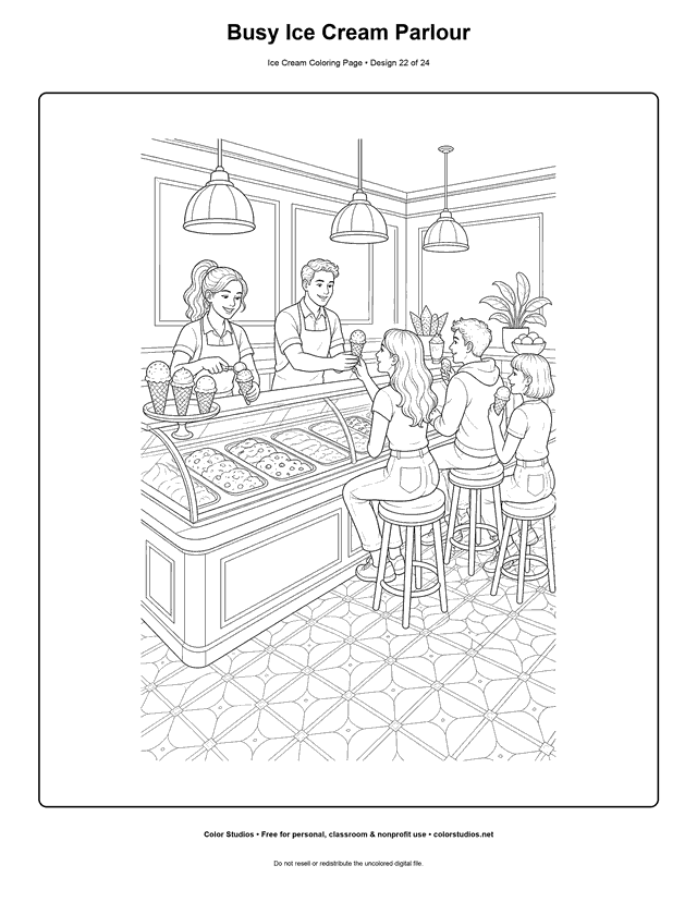 Busy Ice Cream Parlour free printable ice cream coloring page.
