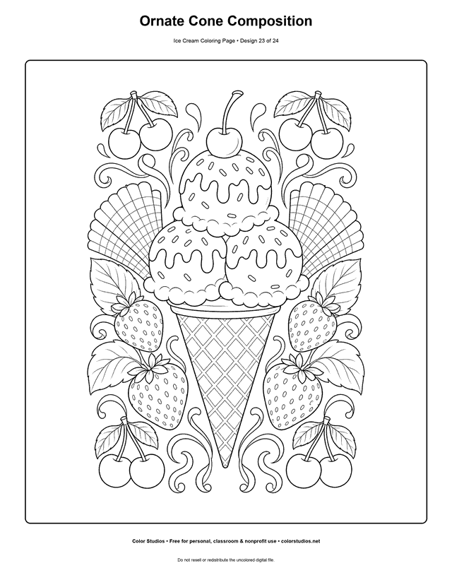 Ornate Cone Composition free printable ice cream coloring page.
