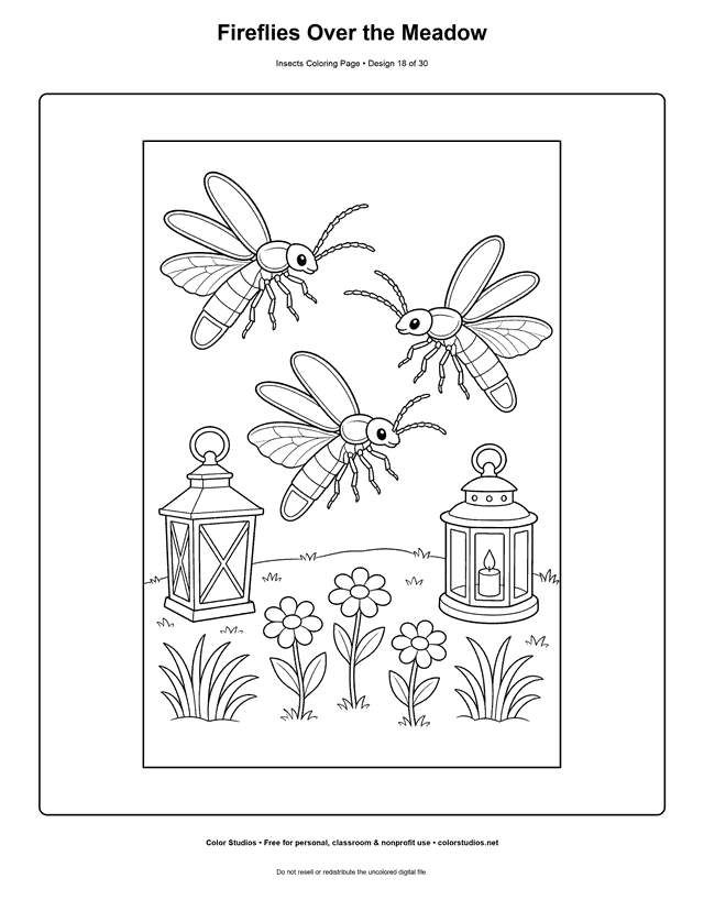 Three firefly beetles flying above a flower meadow at dusk coloring page.