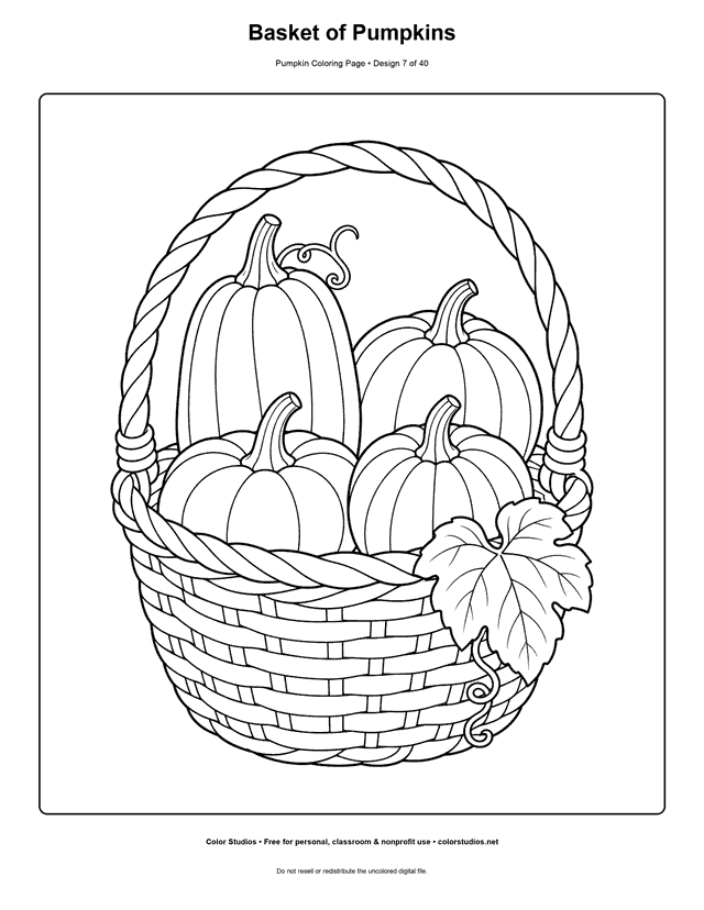 Basket of Pumpkins free printable pumpkin coloring page.