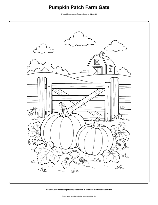 Pumpkin Patch Farm Gate free printable pumpkin coloring page.