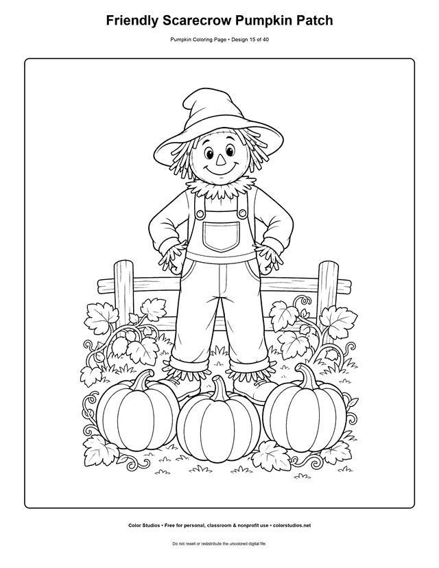 Friendly Scarecrow Pumpkin Patch free printable pumpkin coloring page.