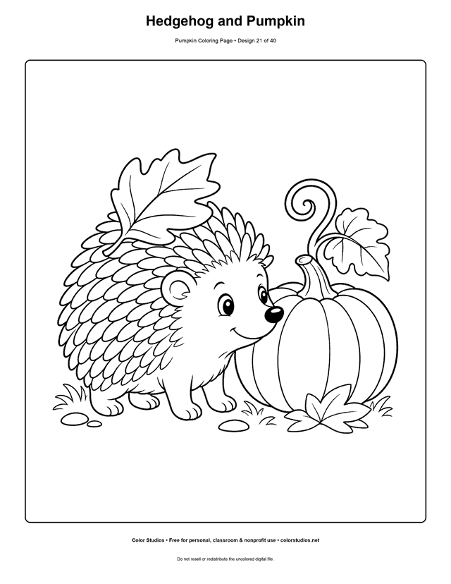 Hedgehog and Pumpkin free printable pumpkin coloring page.