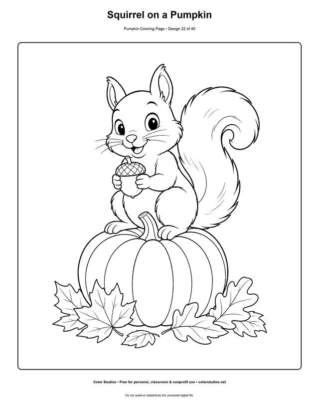 Squirrel on a Pumpkin free printable pumpkin coloring page.