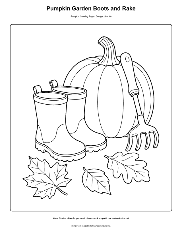 Pumpkin Garden Boots and Rake free printable pumpkin coloring page.