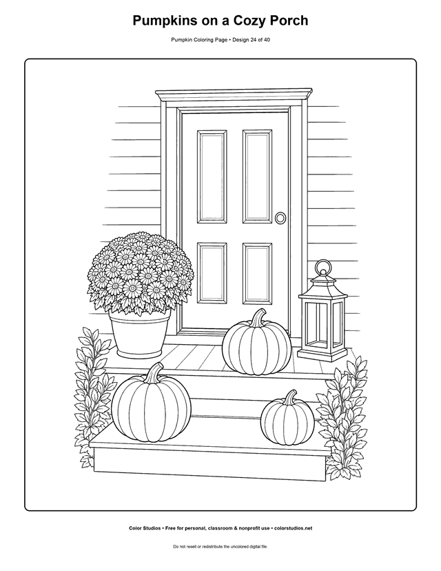 Pumpkins on a Cozy Porch free printable pumpkin coloring page.