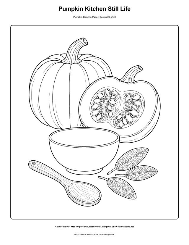 Pumpkin Kitchen Still Life free printable pumpkin coloring page.