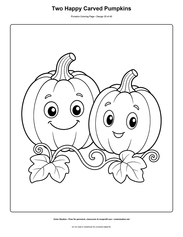 Two Happy Carved Pumpkins free printable pumpkin coloring page.