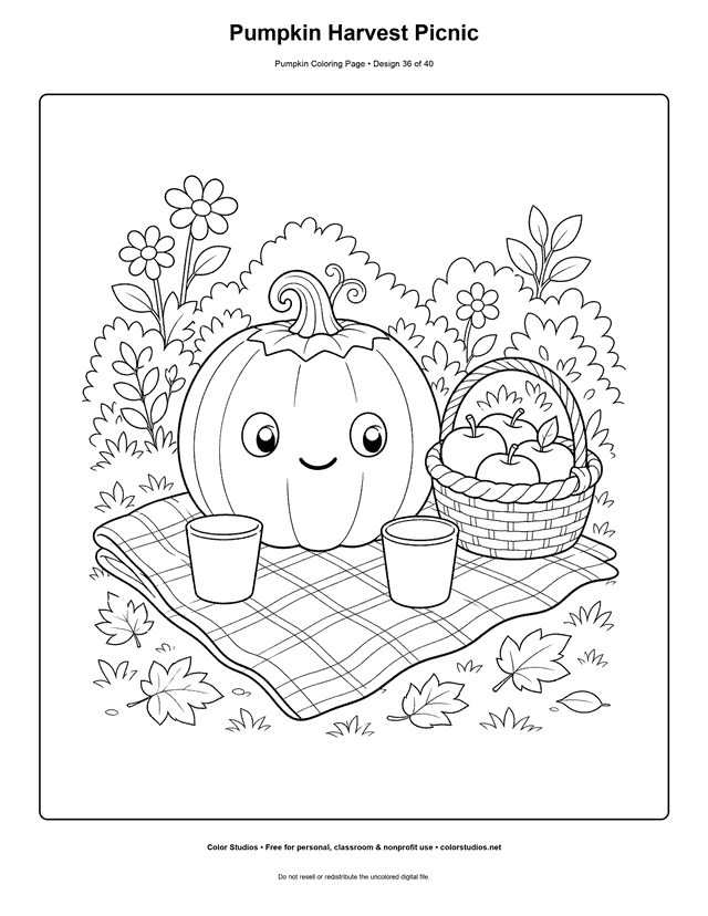 Pumpkin Harvest Picnic free printable pumpkin coloring page.