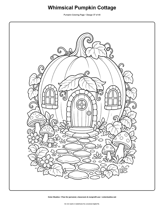 Whimsical Pumpkin Cottage free printable pumpkin coloring page.