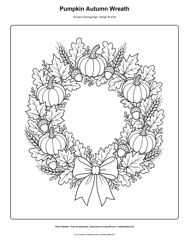 Pumpkin Autumn Wreath free printable pumpkin coloring page.