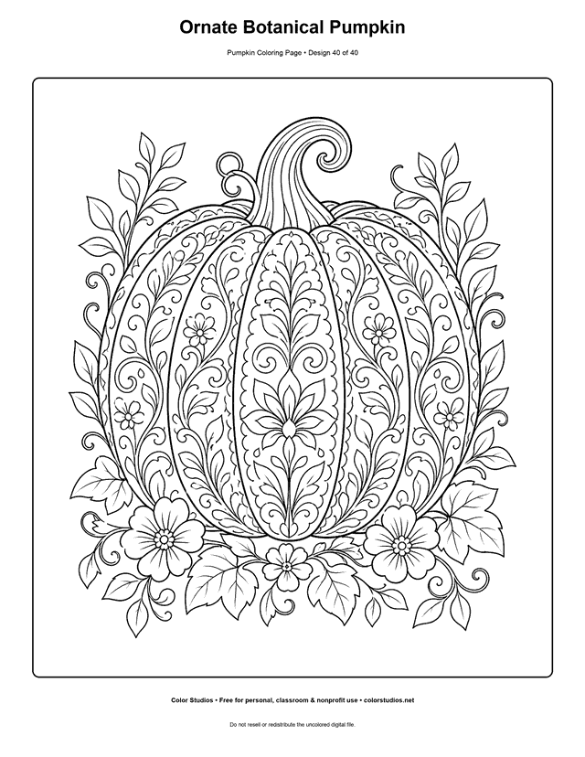Ornate Botanical Pumpkin free printable pumpkin coloring page.