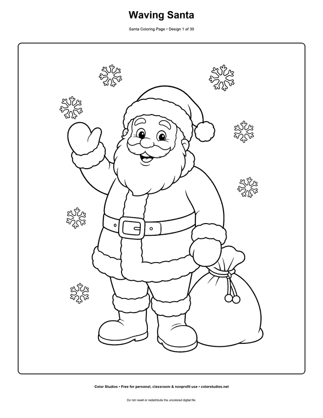 Friendly Santa waving beside a gift sack coloring page.