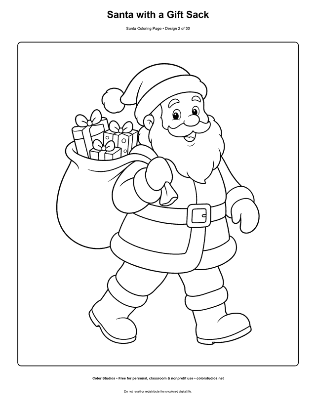 Santa carrying a sack of gifts coloring page.