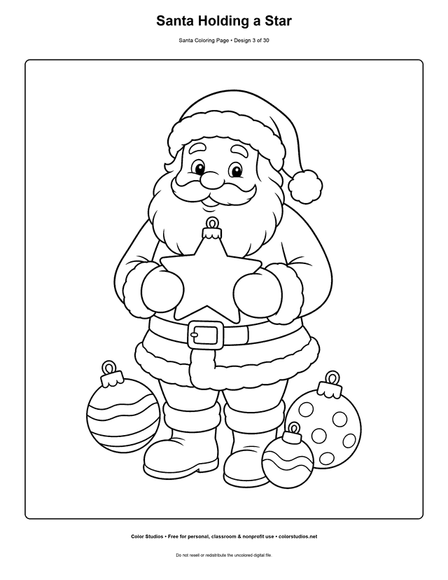 Santa holding a large star ornament coloring page.